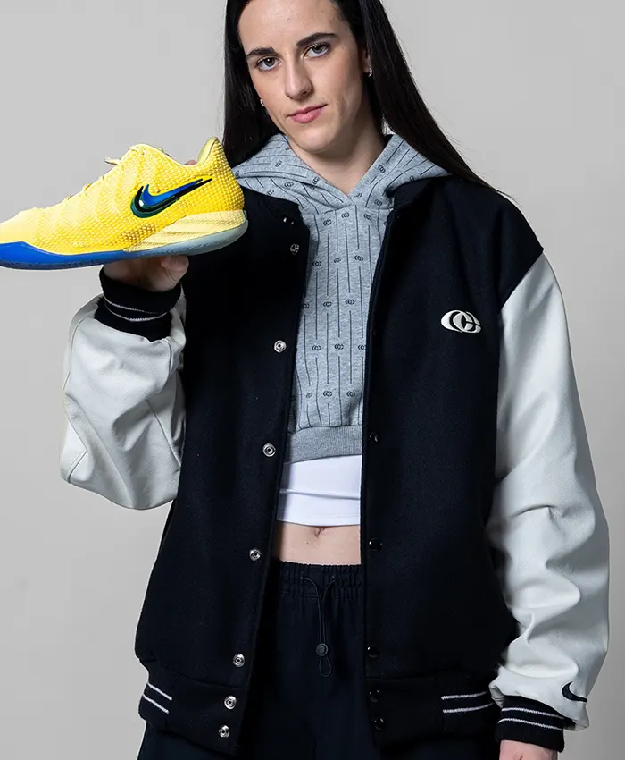 Close view WNBA Caitlin Clark x Slam Kicks Nike Black And White Varsity Jacket