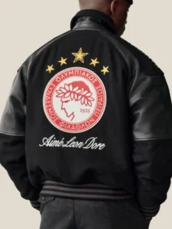 Close view of Aimé Leon Dore Fall-Winter 2026 Black Olympiacos F.C. Varsity Jacket