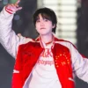 Close view of BTS ARIRANG World Tour Toronto Suga Red And White Satin Quilted Bomber Jacket