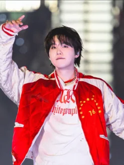 Close view of BTS ARIRANG World Tour Toronto Suga Red And White Satin Quilted Bomber Jacket