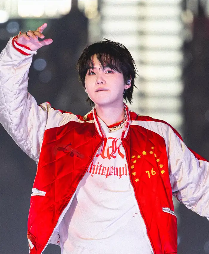 Close view of BTS ARIRANG World Tour Toronto Suga Red And White Satin Quilted Bomber Jacket