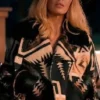 Close view of Beth Dutton TV-Series Dutton Ranch S01 Shearling Collar Western Aztec Print Aviator Jacket