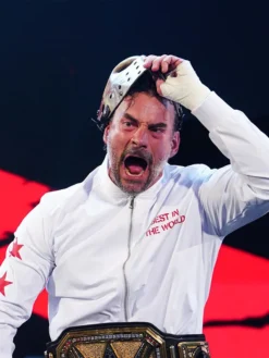 Close view of CM Punk Smack Down Best In The World White Satin Bomber Jacket
