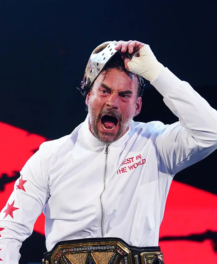 Close view of CM Punk Smack Down Best In The World White Satin Bomber Jacket