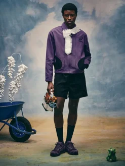 Close-view of Carnan x ASICS Path II Utility Work Purple And Black Wool Jacket