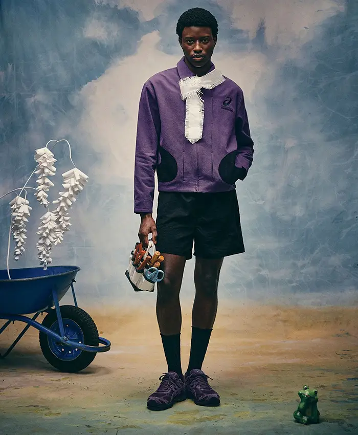 Close-view of Carnan x ASICS Path II Utility Work Purple And Black Wool Jacket