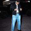 Close view of Chris Brown Boston Black Wool Satin Trucker Contrast-Stitch Jacket