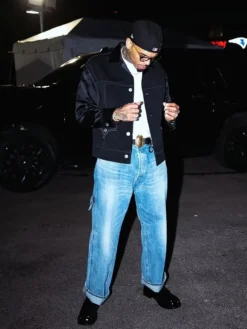 Close view of Chris Brown Boston Black Wool Satin Trucker Contrast-Stitch Jacket