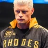 Close view of Cody Rhodes Easy To Find Hard To Beat Black And Gold Windbreaker Jacket