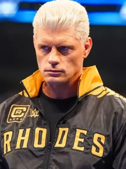 Close view of Cody Rhodes Easy To Find Hard To Beat Black And Gold Windbreaker Jacket