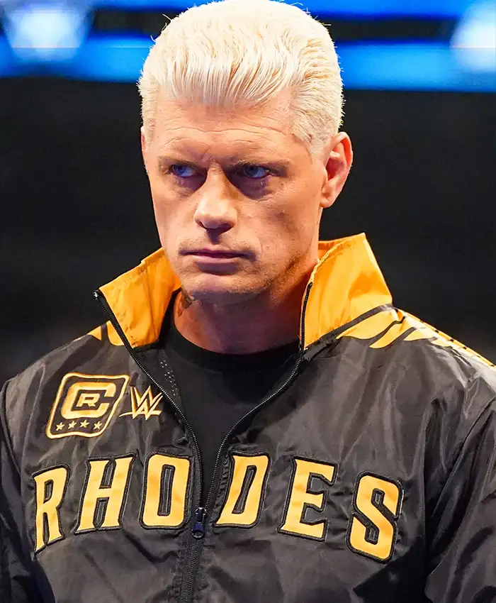 Close view of Cody Rhodes Easy To Find Hard To Beat Black And Gold Windbreaker Jacket