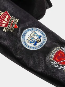 Close view of Disney Villains x Shoe Palace Video Vault Wool Leather Black Varsity Jacket