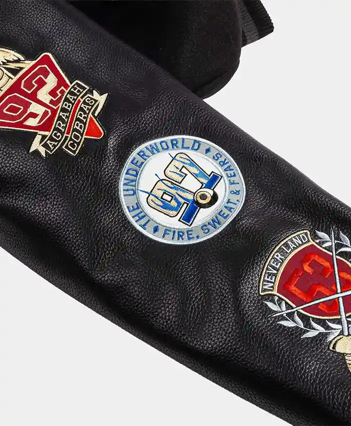 Close view of Disney Villains x Shoe Palace Video Vault Wool Leather Black Varsity Jacket