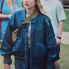 Close view of Emily Raine Movie Finding Emily 2026 Angourie Rice Blue Satin Bomber Jacket