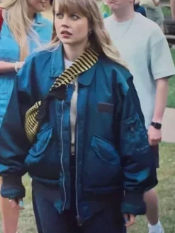 Close view of Emily Raine Movie Finding Emily 2026 Angourie Rice Blue Satin Bomber Jacket