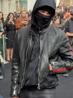 Close view of EsDeeKid Gucci Primavera Red And Green Side Strips Black Racer Leather Jacket