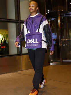 Close view of Joe Brim Dell Technologies Bag Vibrant Purple, White And Teal Windbreaker Hoodie