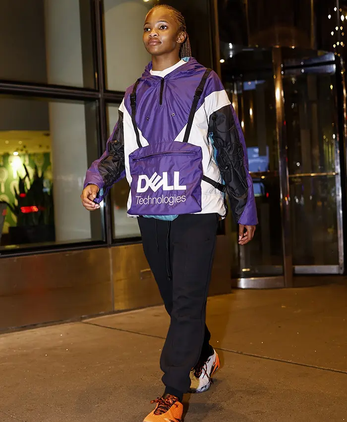 Close view of Joe Brim Dell Technologies Bag Vibrant Purple, White And Teal Windbreaker Hoodie