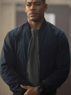 Close view of John Stewart TV-Series Lanterns 2026 Aaron Pierre Black Bomber Jacket