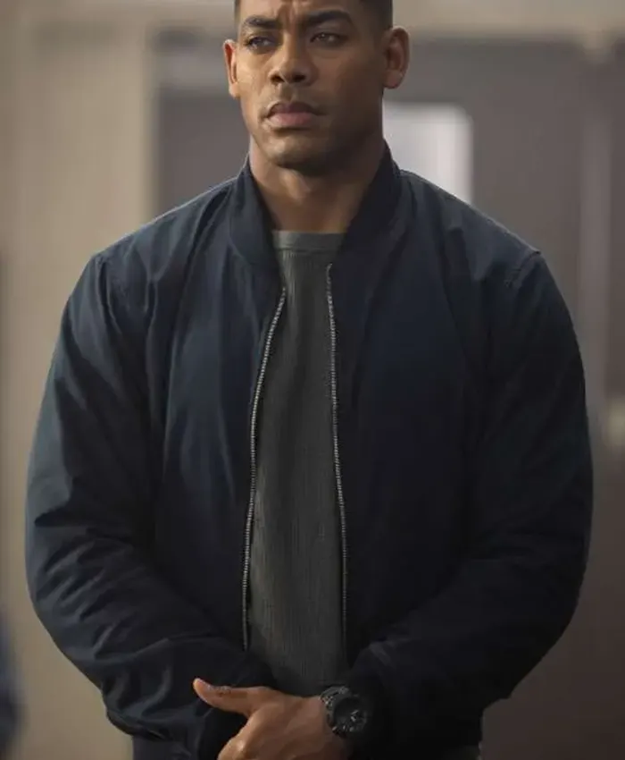 Close view of John Stewart TV-Series Lanterns 2026 Aaron Pierre Black Bomber Jacket