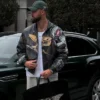 Close-view of Jordan Sanford Jeff Hamilton Bentley Black Leather Bomber Jacket