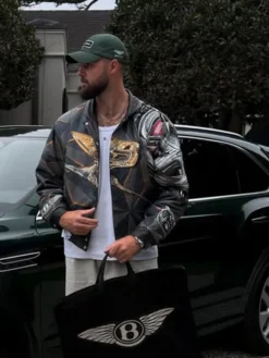 Close-view of Jordan Sanford Jeff Hamilton Bentley Black Leather Bomber Jacket