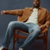 Close view of New York Giants Malik Nabers x Abercrombie Brown Suede Leather Jacket
