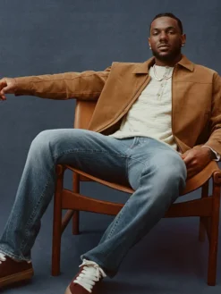 Close view of New York Giants Malik Nabers x Abercrombie Brown Suede Leather Jacket