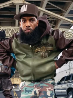 Close view of Pelle Pelle Fall 2026 Green And Brown True To Our Roots Bomber Leather Jacket
