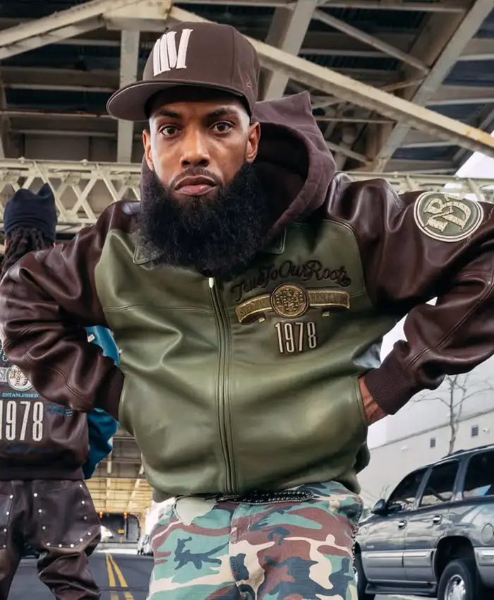 Close view of Pelle Pelle Fall 2026 Green And Brown True To Our Roots Bomber Leather Jacket