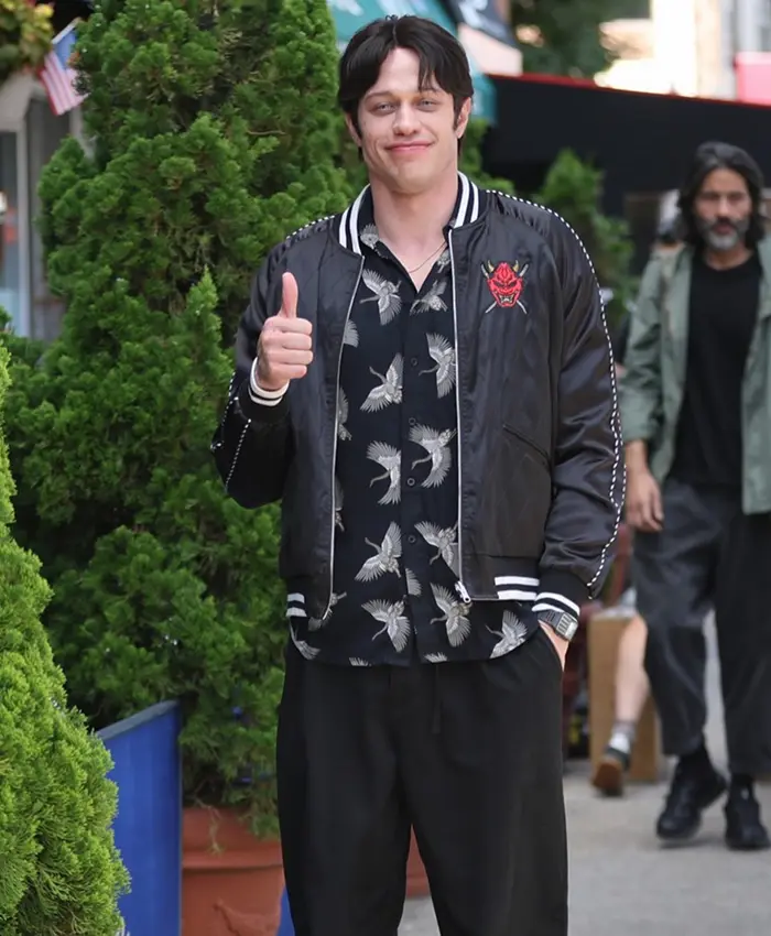 Close view of Pete Davidson Tommy Karate Tommy Pitera Black Satin Okinawa Halloween Bomber Jacket