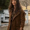 Close-view of Poorna Jagannathan Lanterns 2026 Brown Suede Leather Coat