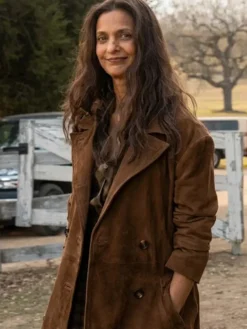 Close-view of Poorna Jagannathan Lanterns 2026 Brown Suede Leather Coat