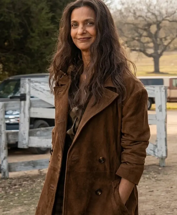 Close-view of Poorna Jagannathan Lanterns 2026 Brown Suede Leather Coat