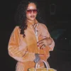 Close view of Rihanna New York City Chloé Caramel Velvet Tracksuit