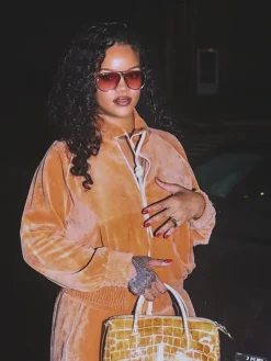Close view of Rihanna New York City Chloé Caramel Velvet Tracksuit