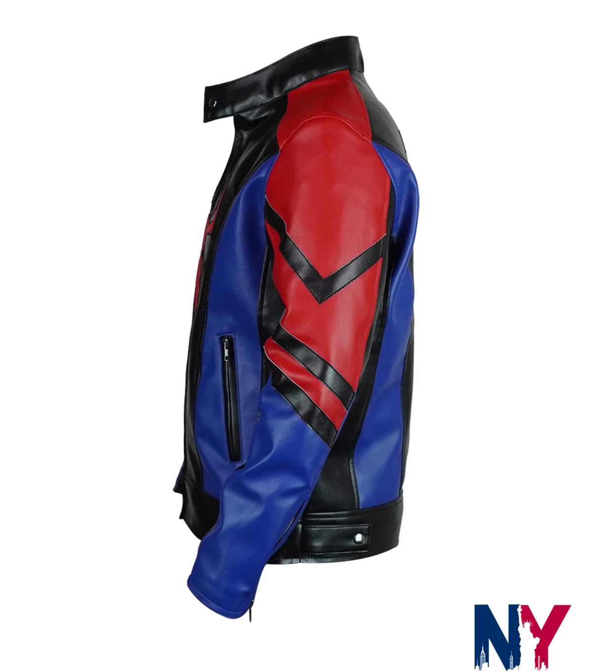 Close view of Spider-Man Cosplay Halloween Black Red Blue Biker Cafe Racer Leather Jacket