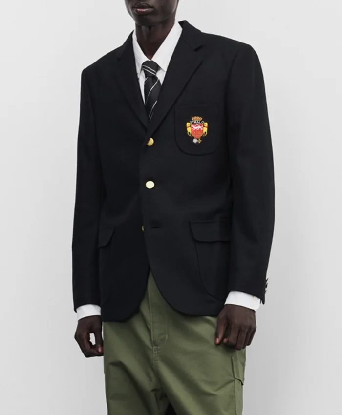 Close view of Stüssy x eYe Junya Watanabe Man Black Venus Swirl Suiting Fabric Blazer Jacket