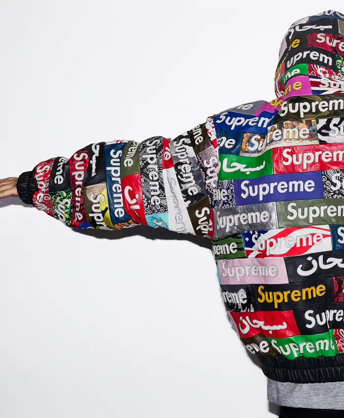 Close-view of Supreme Fall-Winter Collection 2026 Patchwork Teaser Leather Hooded Jacket