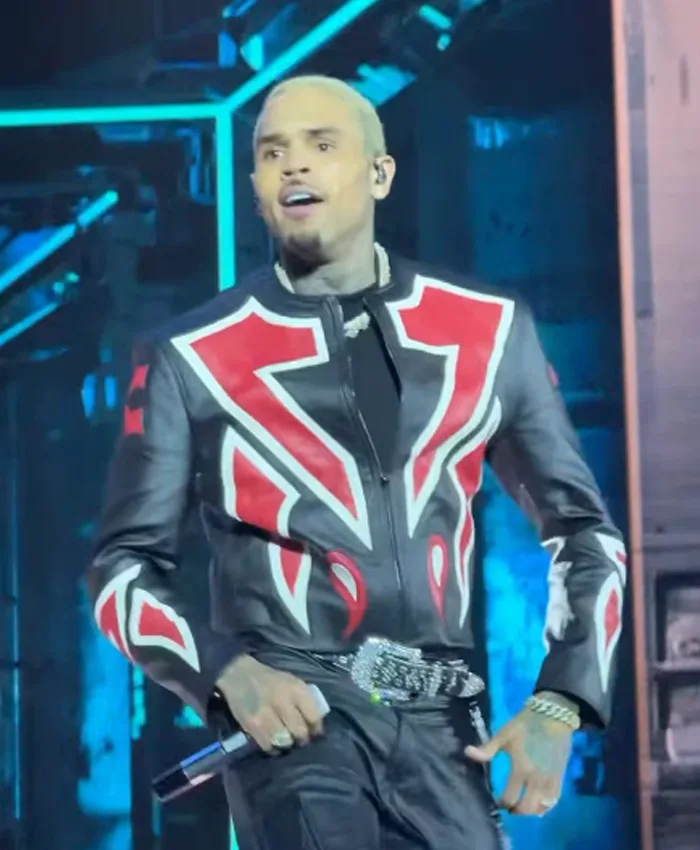 Close-view of The R&B Tour Toronto Chris Brown Red And Black Moto Leather Jacket