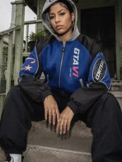 Corteiz x Grand Theft Auto VI Blue And Black Hooded Racing Zip-Up Jacket front view