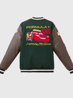 D23-Disney-x-Formula-1-2026-Pixar-Cars-Lightning-McQueen-Green-and-Brown-Wool-Varsity-Jacket