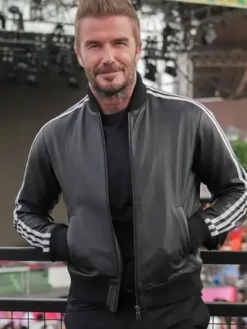 David Beckham World Cup 2026 Black Leather Jacket with Rib-Knitted Collar and Cuffs