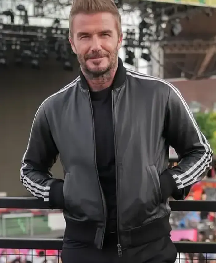 David Beckham World Cup 2026 Black Leather Jacket with Rib-Knitted Collar and Cuffs