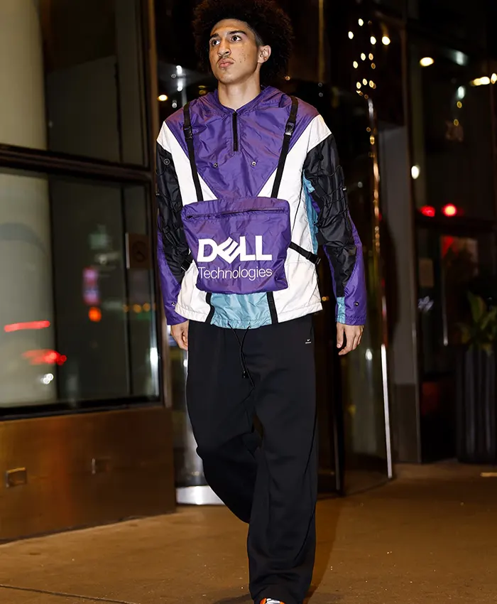 Dell Technologies Colorblocked Bag Purple, White And Teal Windbreaker Hoodie front view