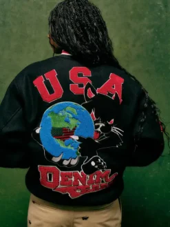 Denim Tears x André Leon Talley Black USA Globe Panther Wool Varsity Jacket back view