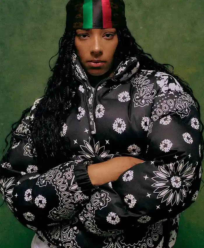 Denim Tears x André Leon Talley Fall 2026 Black Bandana Print Puffer Jacket front view