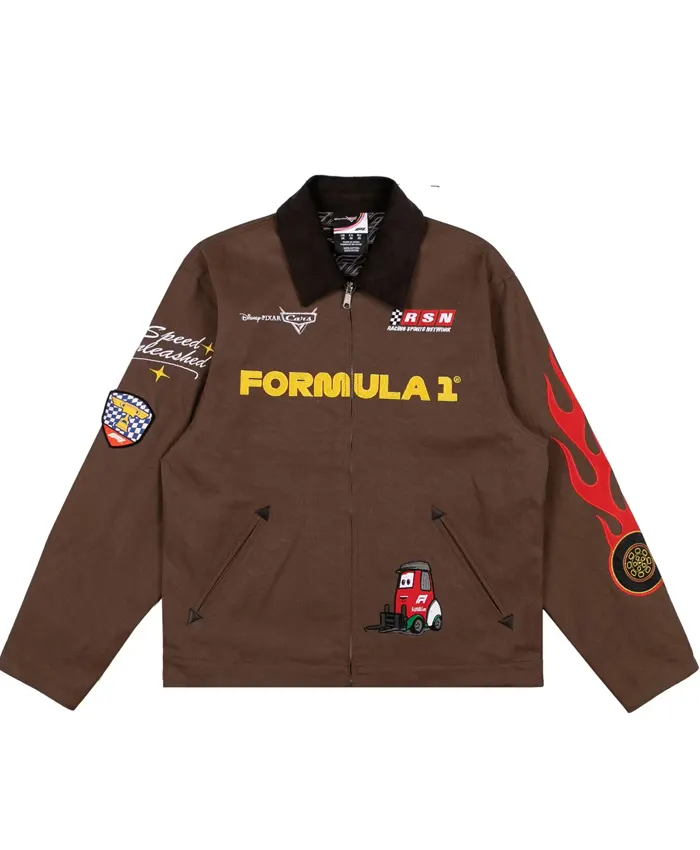 Disney And Pixar Cars Formula 1 Lightning McQueen Racing Brown Cotton Workwear Jacket front view