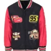 Disney Racer Cars Lightning McQueen Red And Black Fleece Varsity Jacket front view