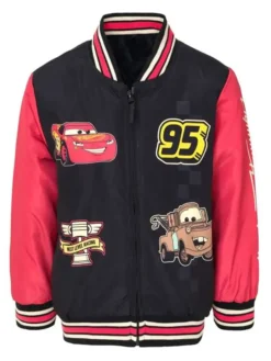 Disney Racer Cars Lightning McQueen Red And Black Fleece Varsity Jacket front view